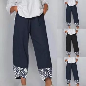 Женские летние повседневные свободные широкие брюки из хлопка и льна с вышивкой L чёрный