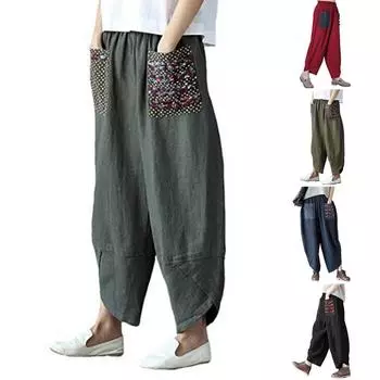 Женские летние повседневные свободные широкие брюки из хлопка и льна с вышивкой L чёрный