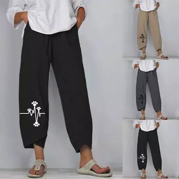 Женские летние повседневные свободные широкие брюки из хлопка и льна с вышивкой L чёрный