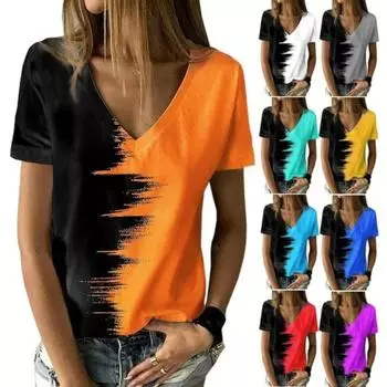 Женские летние повседневные топы больших размеров, модные футболки с короткими рукавами, рубашки с v-образным вырезом, топы с принтом, однотонные свободные футболки S
