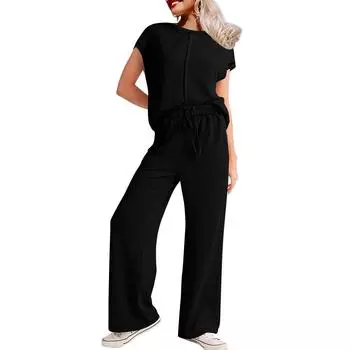 Женские летние повседневные топы из двух частей с короткими рукавами, широкие брюки, домашняя одежда, спортивная одежда L чёрный