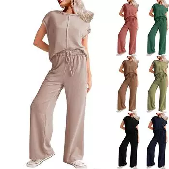 Женские летние повседневные топы из двух частей с короткими рукавами, широкие брюки, домашняя одежда, спортивная одежда L армия зеленый