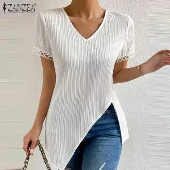 Женские летние повседневные топы с короткими рукавами и нерегулярным подолом из кружева S синий