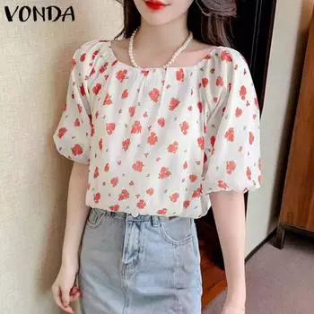 Женские летние повседневные топы с короткими рукавами-фонариками и принтом VONDA