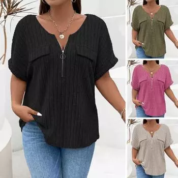 Женские летние повседневные топы с круглым вырезом на молнии и вырезом с коротким рукавом Футболка с ложными карманами Ребристые пуловеры Топы Свободные однотонные топы 2XL розы красного