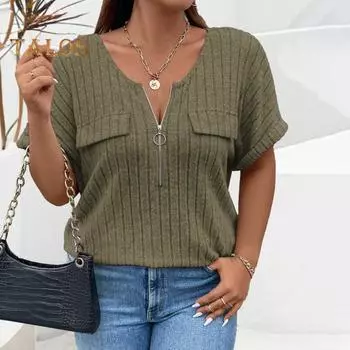 Женские летние повседневные топы с круглым вырезом на молнии и вырезом с коротким рукавом Футболка с ложными карманами Ребристые пуловеры Топы Свободные однотонные топы 2XL розы красного