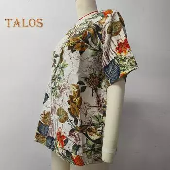 Женские летние повседневные топы с круглым вырезом и пуговицами, футболка с короткими рукавами и цветочным принтом, свободная посадка, ретро-блузка XL фиолетовый