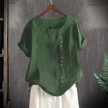 Женские летние повседневные топы с круглым вырезом и короткими рукавами, декор на пуговицах, футболка, свободная посадка, однотонная S небесно-голубой