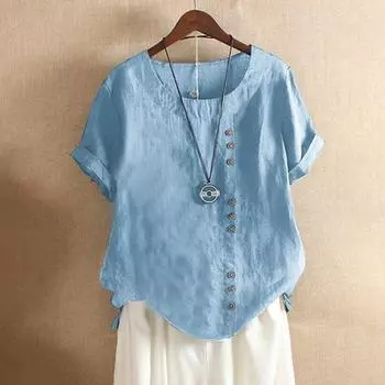 Женские летние повседневные топы с круглым вырезом и короткими рукавами, футболка с декором на пуговицах, свободная посадка, однотонный пуловер, топы, уличная одежда S темно-синий