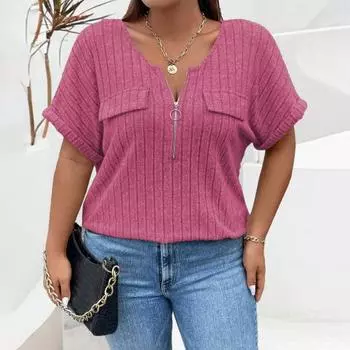 Женские летние повседневные топы с круглым вырезом на молнии и вырезом с коротким рукавом Футболка с ложными карманами Ребристые пуловеры Топы Свободные однотонные топы 2XL розы красного