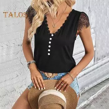 Женские летние повседневные топы с v-образным вырезом, кружевная футболка с короткими рукавами и пуговицами, однотонный пуловер, топы, уличная одежда S чёрный