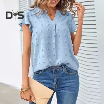 Женские летние повседневные топы с v-образным вырезом и рюшами и короткими рукавами, жаккардовый декор, свободный крой, однотонные пуловеры, топы, уличная одежда 2XL небесно-голубой