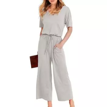 Женские летние повседневные укороченные брюки с короткими рукавами и v-образным вырезом, эластичной резинкой на талии, комбинезоны с карманами L серый