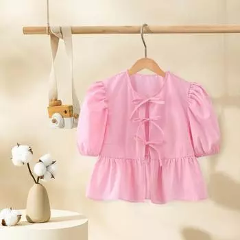 Женские летние повседневные укороченные топы с круглым вырезом, пышные пуловеры с короткими рукавами, топы с рюшами и подолом сзади на шнуровке, однотонные тонкие футболки M розовый