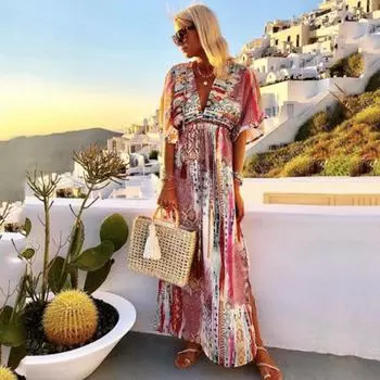 Женские летние праздничные платья с глубоким V-образным вырезом и короткими рукавами и высокой талией S красный