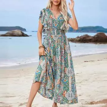 Женские летние праздничные платья с v-образным вырезом и открытой спиной, с принтом и рюшами, с короткими рукавами и разрезом S синий