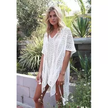 Женские летние праздничные пляжные платья с v-образным вырезом и открытыми плечами, связанные крючком one size белый