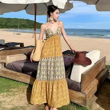 Женские летние праздничные свободные многослойные лоскутные платья с бретельками и принтом S жёлтый