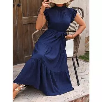 Женские летние праздничные тонкие кружевные повседневные длинные платья S темно-синий