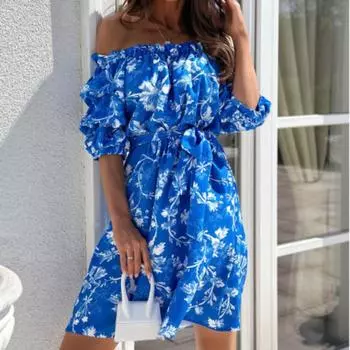 Женские летние простые платья с коротким рукавом и принтом на одно плечо S красный