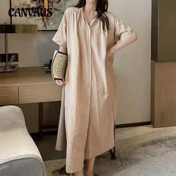 Женские летние простые повседневные свободные однобортные однобортные хлопковые платья-рубашки с поясом и талией больших размеров, платья-рубашки с короткими рукавами One Size хаки