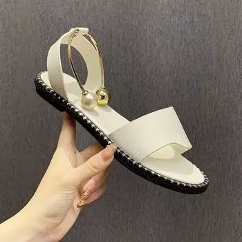 Женские летние простые римские сандалии на плоской подошве с открытым носком, женская обувь с жемчужной пряжкой, пляжные сандалии 35
