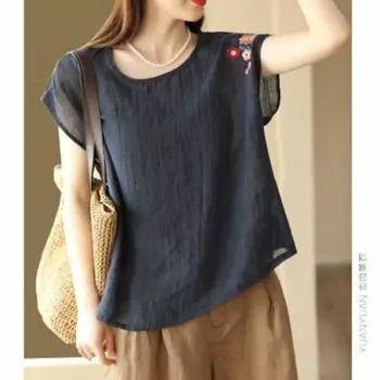 Женские летние простые свободные топы большого размера из хлопка и льна с круглым вырезом, универсальные, женские, повседневные, тонкие, топы XS оранжевый