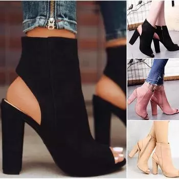 Женские летние рабочие ботинки с открытым ртом, модные замшевые ботильоны на молнии в стиле ретро для отдыха на открытом воздухе, удобные толстые ботинки на высоком каблуке 35 бежевый