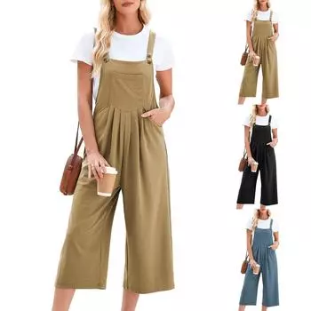 Женские летние ребристые комбинезоны без рукавов с вырезом сзади и широкими штанинами M чёрный