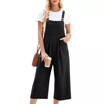 Женские летние ребристые комбинезоны без рукавов с вырезом сзади и широкими штанинами M чёрный