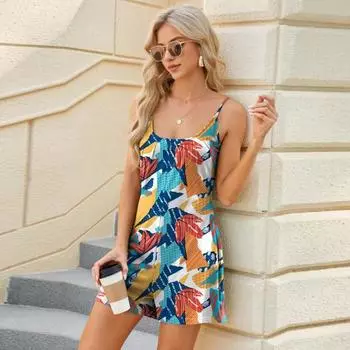 Женские летние регулируемые бретельки с открытой спиной, без рукавов, с глубоким вырезом и цветным принтом, свободные боковые карманы, пляжный отдых S циан