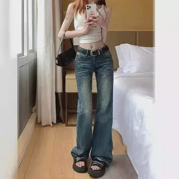 Женские летние ретро-джинсы с заниженной талией, расклешенные — узкие, широкие, нишевый дизайн S синий