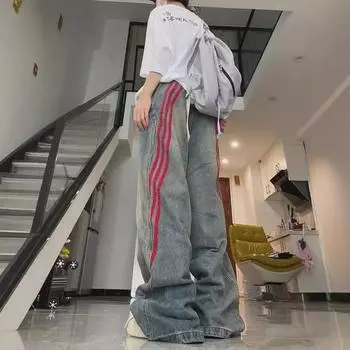 Женские летние ретро-полосатые джинсы с завышенной талией и широкими штанинами в стиле пэчворк M синий