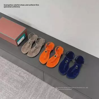 Женские летние ретро-сандалии из замши на плоской подошве с тонкими ремешками, фиксатором на носке и подвеской из драгоценного камня 39 синий