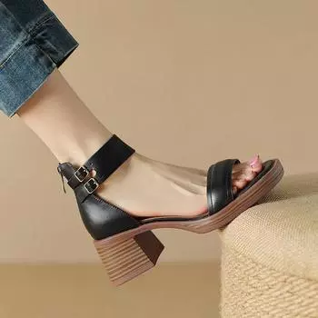 Женские летние римские сандалии на высоком каблуке с открытым носком 34 чёрный