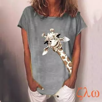 Женские летние рубашки с круглым вырезом и принтом жирафа, модные хлопковые блузки с коротким рукавом больших размеров, топы S-3XL XXXL синий