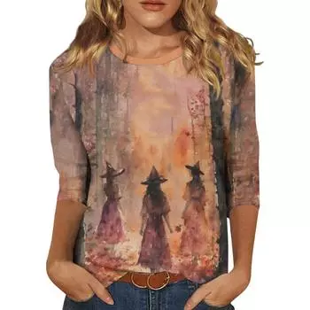 Женские летние рубашки с рукавом 3/4, новинка 2024 года, милые футболки с графическим принтом на Хэллоуин, блузки, повседневные топы больших размеров, пуловеры S