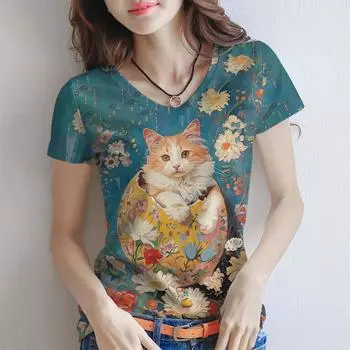 Женские летние рубашки с V-образным вырезом и короткими рукавами, милые женские футболки с цветочным принтом и изображением кошек, модные повседневные топы больших размеров, новые футболки S