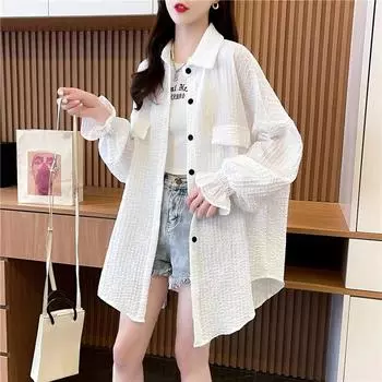 Женские летние рубашки средней длины с длинным рукавом корейские свободные белые черные рубашки весенние топы M белый