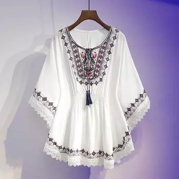 Женские летние рубашки свободного покроя в стиле ретро-бохо с вышивкой, блузки, свободный топ из хлопка с кружевным подолом и рукавом «летучая мышь» M белый