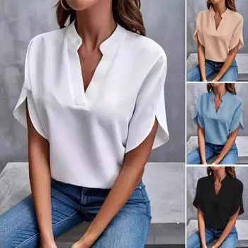 Женские летние рубашки, топы с v-образным вырезом и лепестками, короткие пуловеры со свободными рукавами, цветные однотонные офисные женские туфли 2XL розовый
