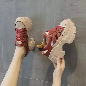 Женские летние сандалии 2024 года на платформе из дышащей кожи с внутренней частью для увеличения высоты 36 зелёный