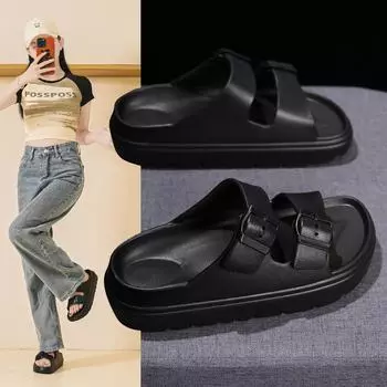 Женские летние сандалии 2024 года на толстой подошве с двумя ремешками: Нескользящие, дышащие, с мягкой подошвой, идеально подходят для ношения на открытом воздухе и на пляже 38 чёрный