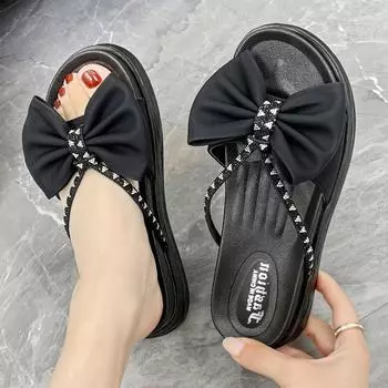 Женские летние сандалии 2024 года, новый стиль, мода, корейская версия, повседневные тапочки с бантом, для отдыха на открытом воздухе, пляжные универсальные одинарные туфли 35 бежевый