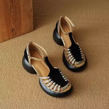 Женские летние сандалии 2024 года, роскошные элегантные туфли на платформе для женщин, удобные модные босоножки на танкетке для отдыха на открытом воздухе 35 чёрный