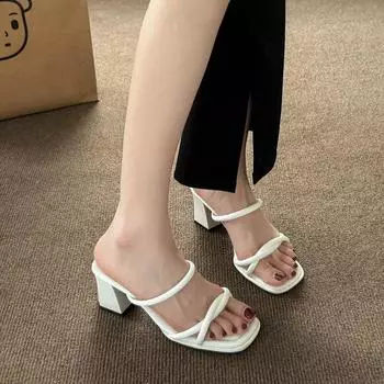 Женские летние сандалии 2024, сандалии с открытым носком, модельные туфли, женские сандалии на высоком каблуке, туфли-лодочки на квадратном каблуке, женская обувь 35 бежевый