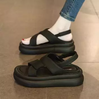 Женские летние сандалии 2025 года, новая эластичная лента, повседневные универсальные, на толстой подошве, пляжная женская обувь типа «бисквит» 35 чёрный