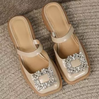 Женские летние сандалии без шнуровки на плоской подошве из натуральной кожи с квадратным носком и хрустальной пряжкой, женские мягкие удобные повседневные шлепанцы, обувь 3.5 бежевый