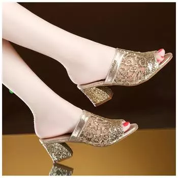 Женские летние сандалии без шнуровки, шлепанцы на массивном каблуке с открытым носком и кристаллами 35 серебряный