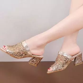 Женские летние сандалии без шнуровки, шлепанцы на массивном каблуке с открытым носком и кристаллами 36 серебряный